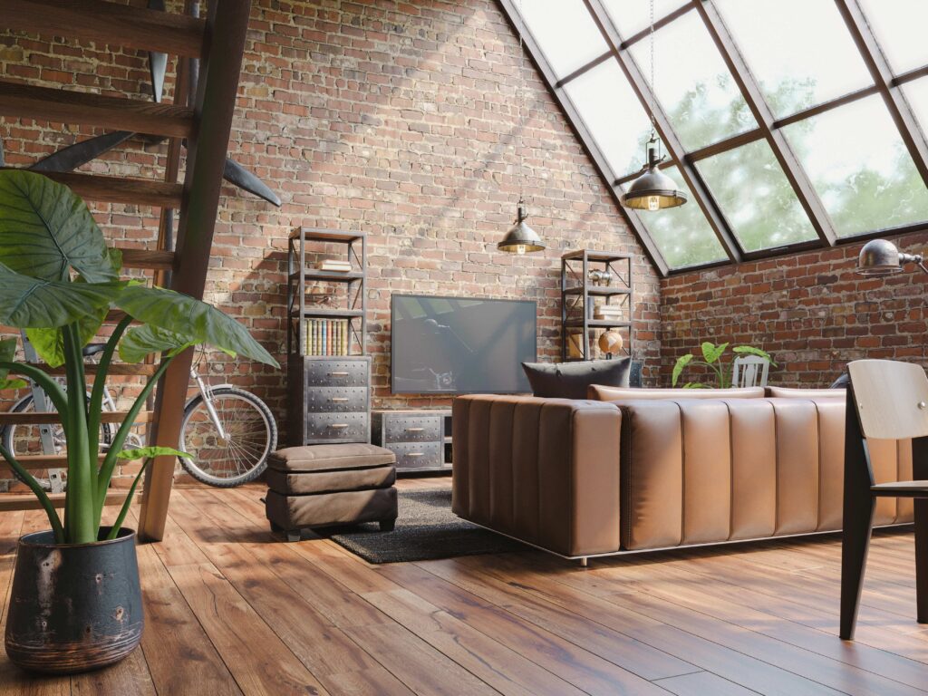 Loft-Apartment im Industriestil mit Innenbalkon, 3D-Rendering